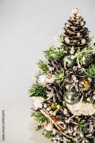 top view of christmas  holiday decor with christmas tree decorations isolated on white background