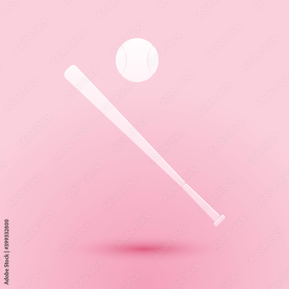 Paper cut Baseball ball and bat icon isolated on pink background. Paper art style. Vector. Paper cut Baseball ball and bat icon isolated on pink background. Paper art style. Vector.