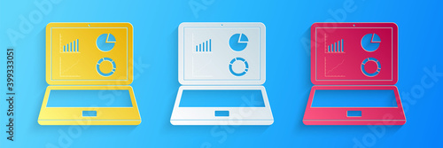 Paper cut Laptop with graph chart icon isolated on blue background. Report text file icon. Accounting sign. Audit, analysis, planning. Paper art style. Vector.