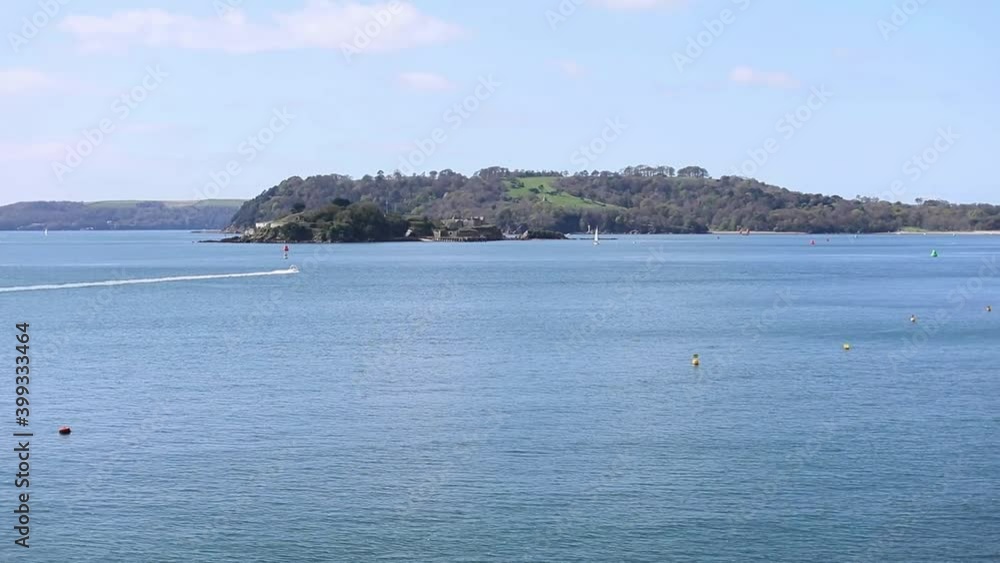 Speedboat on the sea of the Plymouth Devon Habour. UK England coastline. Speedboat on the sea of the Plymouth Devon Habour. UK England coastline.