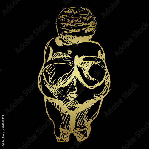 Venus of Willendorf. Paleolithic figurine of fertility goddess. Great Mother archetype. Hand drawn sketch. Golden silhouette on black background.