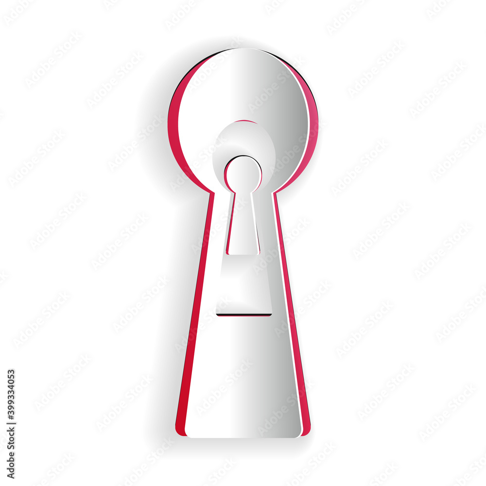 Paper cut Keyhole icon isolated on white background. Key of success solution. Keyhole express the concept of riddle, secret, peeping, safety, security. Paper art style. Vector. Paper cut Keyhole icon isolated on white background. Key of success solution. Keyhole express the concept of riddle, secret, peeping, safety, security. Paper art style. Vector.