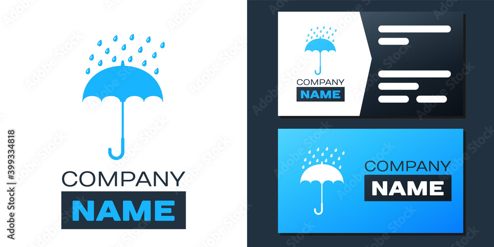 Logotype Umbrella and rain drops icon isolated on white background. Logo design template element. Vector.