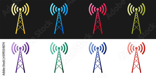Set Antenna icon isolated on black and white background. Radio antenna wireless. Technology and network signal radio antenna. Vector.