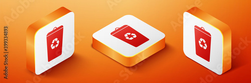 Isometric Recycle bin with recycle symbol icon isolated on orange background. Trash can icon. Garbage bin sign. Recycle basket sign. Orange square button. Vector.