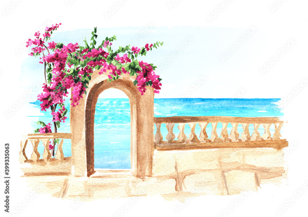 Old architecture of the Mediterranean or North Africa, sea and flowers of bougainvillea