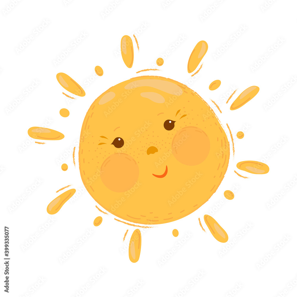 Cute cartoon sun illustration on white background. Funny sun character.