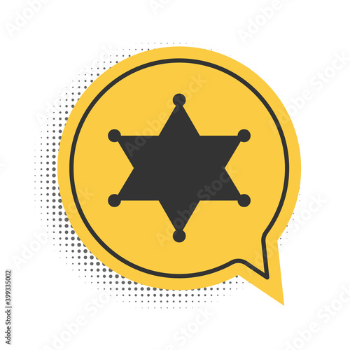Black Hexagram sheriff icon isolated on white background. Police badge icon. Yellow speech bubble symbol. Vector.
