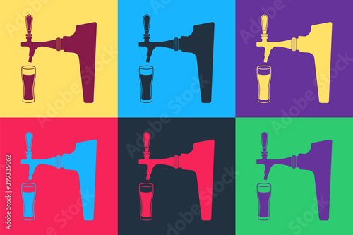Pop art Beer tap with glass icon isolated on color background. Vector.