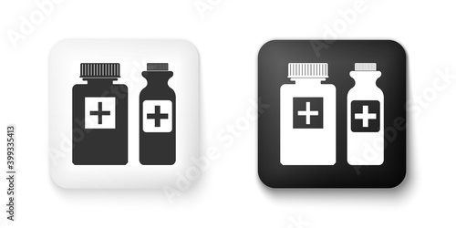 Black and white Medicine bottle icon isolated on white background. Bottle pill sign. Pharmacy design. Square button. Vector.