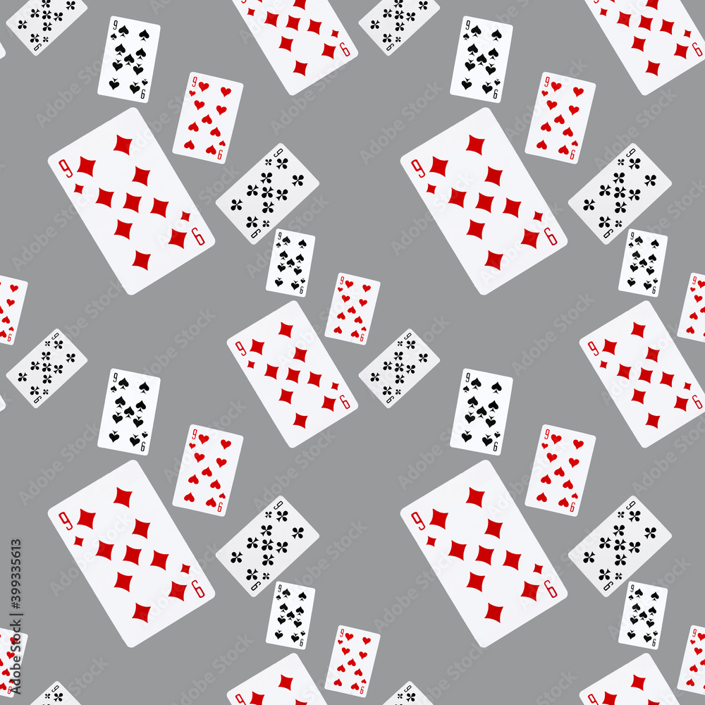 On the grey fashion color of 2021, playing cards. A seamless pattern. Map nine. Background. On the grey fashion color of 2021, playing cards. A seamless pattern. Map nine. Background.