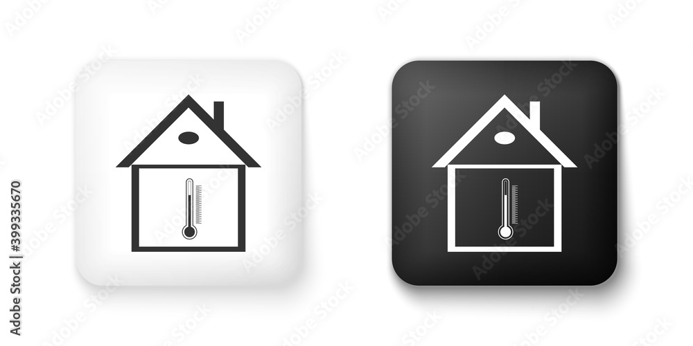 Black and white House temperature icon isolated on white background. Thermometer icon. Square button. Vector.