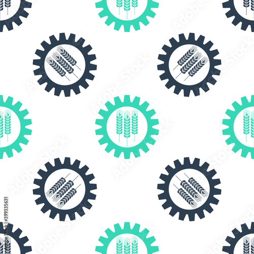 Green Wheat and gear icon isolated seamless pattern on white background. Agriculture symbol with cereal grains and industrial gears. Industrial and agricultural. Vector.