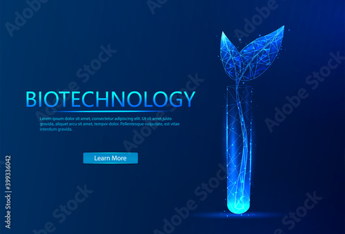 Biotechnology concept. Biotechnology of plant germination. Abstract illustration isolated on a dark background. Biotechnological concept with a glowing low polygonal sprout in a test tube.