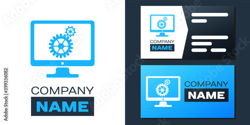 Logotype Computer monitor and gears icon isolated on white background. Adjusting app, service, setting options, maintenance, repair, fixing concepts. Logo design template element. Vector.