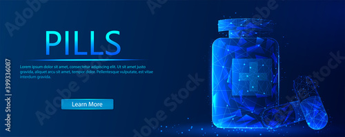 Pills. An abstract polygon frames two pill capsules next to a bottle of blue background. Pills, medical pills, bottle pills, medicine, illustration design concept of Healthcare and Medicine.