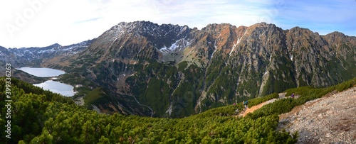 Panoramic view of the Roztoki valley and the valley of the five Polish lakes in Vysoke Tara, Poland. View of the Siklawa waterfall and the Tatra lakes.