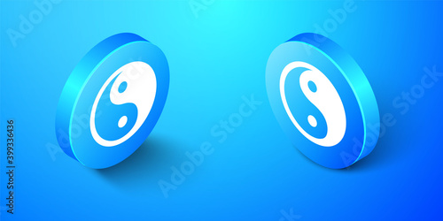 Isometric Yin Yang symbol of harmony and balance icon isolated on blue background. Blue circle button. Vector.