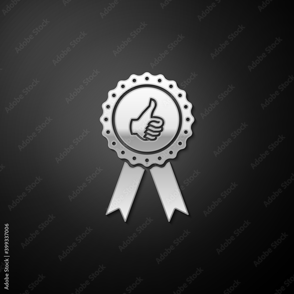 Silver Thumbs up on medal badge with ribbons icon isolated on black background. Long shadow style. Vector. Silver Thumbs up on medal badge with ribbons icon isolated on black background. Long shadow style. Vector.