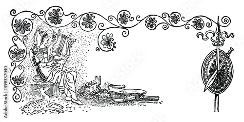 Lady with lyre poetry ancient times, vintage lineart  drawing,