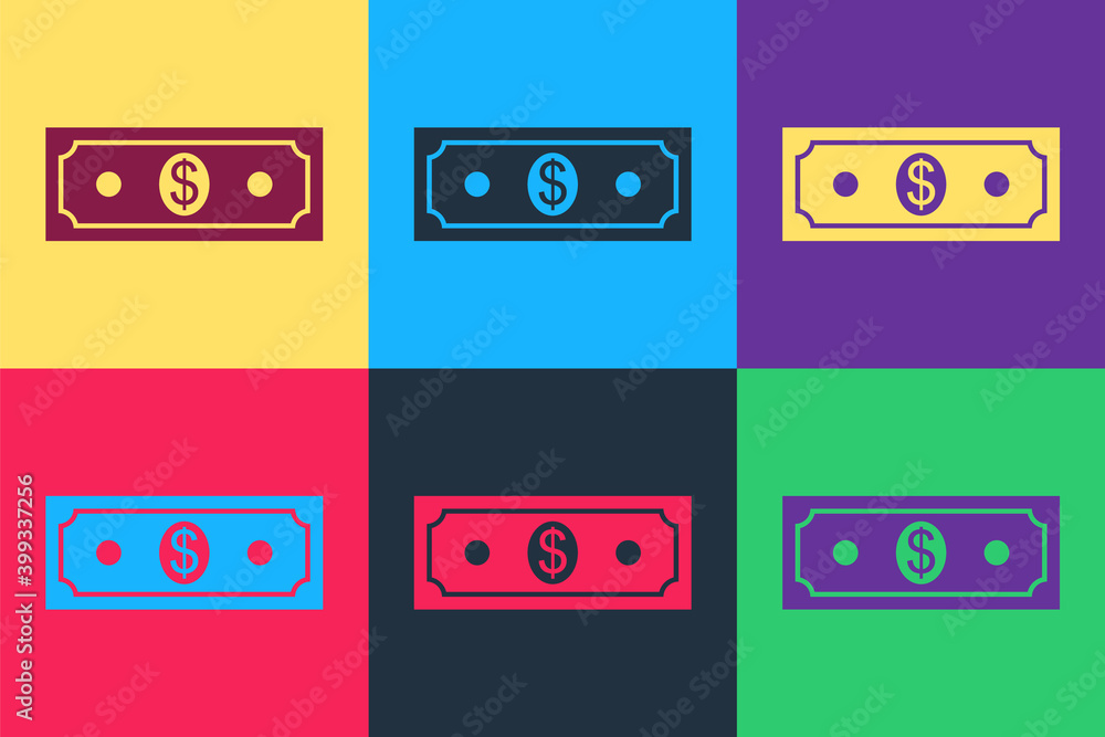 Pop art Paper money american dollars cash icon isolated on color background. Dollar banknote sign. Vector. Pop art Paper money american dollars cash icon isolated on color background. Dollar banknote sign. Vector.