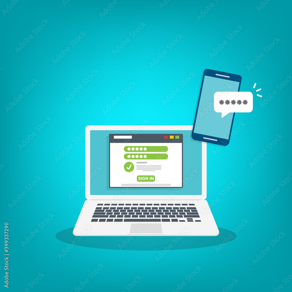 Successful web browser Login page on Laptop Screen with password form and smartphone password confirmation . Security, personal access, user authorization. Successful web browser Login page on Laptop Screen with password form and smartphone password confirmation . Security, personal access, user authorization.