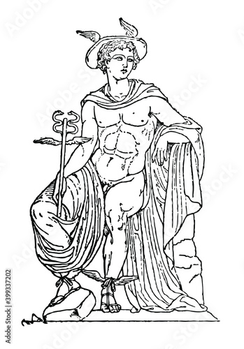 Hermes the Messenger, winged hat, sitting with robes, ancient times, vintage lineart  drawing,