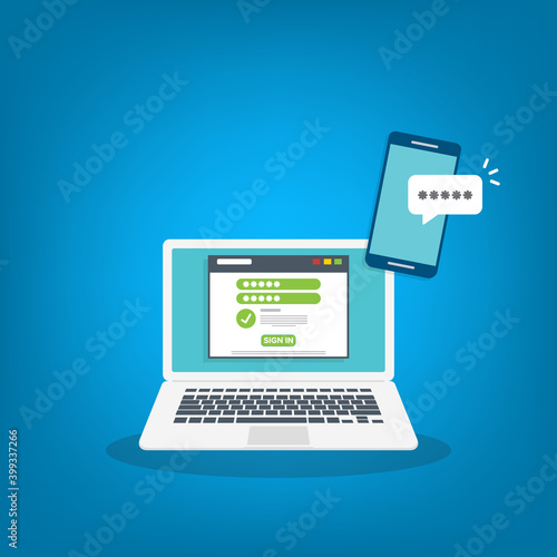 Successful web browser Login page on Laptop Screen with password form and smartphone password confirmation . Security, personal access, user authorization.