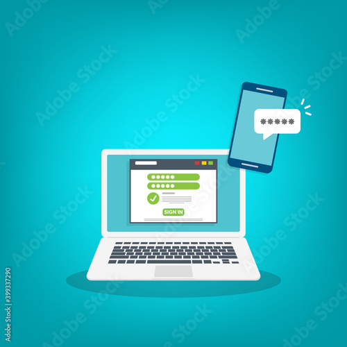Successful web browser Login page on Laptop Screen with password form and smartphone password confirmation . Security, personal access, user authorization.