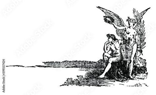 Hesiod seated with a lady standing behind him, wreath held over his head, ancient times, vintage lineart  drawing,