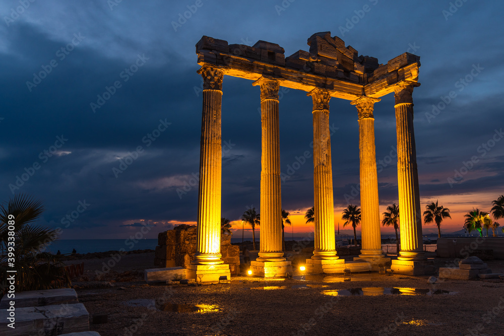 Temple of Apollo at sunset, Greek ancient historical antique marble columns in Side Antalya Turkey
