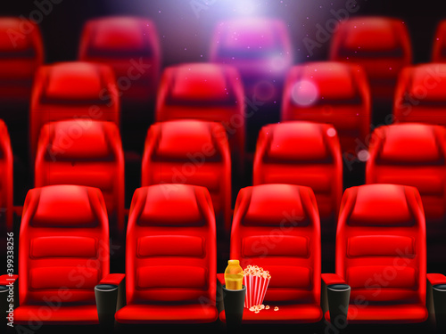 Empty cinema room with popcorn realistic background. Rows of red seats in a movie theater. Vector illustration