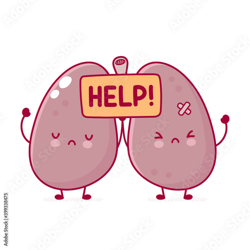 Cute sad sick human lungs organ character