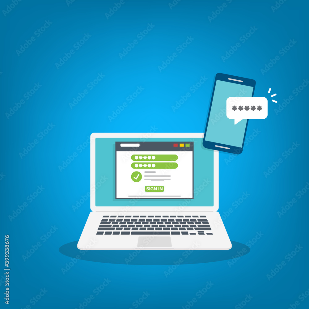 Successful web browser Login page on Laptop Screen with password form and smartphone password confirmation . Security, personal access, user authorization. Successful web browser Login page on Laptop Screen with password form and smartphone password confirmation . Security, personal access, user authorization.
