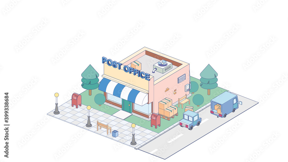 Isometric post office on white background. Modern post officein isometric projection. Isometric post office on white background. Modern post officein isometric projection.