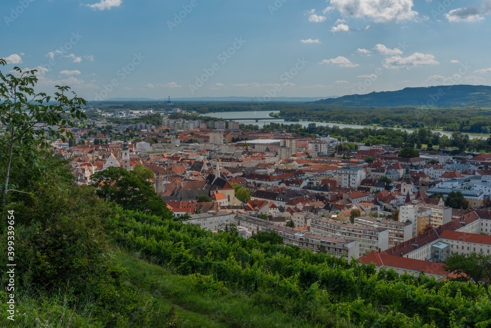 View over Krems an der Donau in summer sunny cloudy hot day