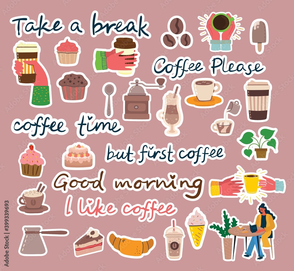 Coffee set sticker illustrations. People spend their time in the cafeteria, drinking cappuccino, latte, espresso and eating desserts Coffee set sticker illustrations. People spend their time in the cafeteria, drinking cappuccino, latte, espresso and eating desserts