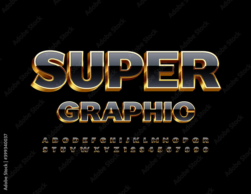 Vector premium template Super Graphic. Shiny Black and Gold Font. 3D Luxury Alphabet Letters and Numbers set
