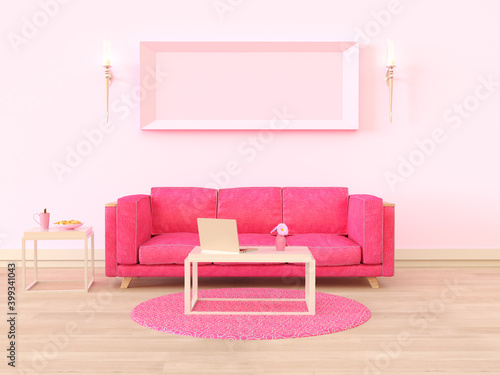 Living room interior in pink colors with sofa  laptop on coffee table  empty photo frame. 3D rendering.