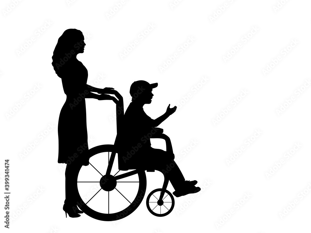 Silhouettes of woman walking child boy in wheelchair Silhouettes of woman walking child boy in wheelchair