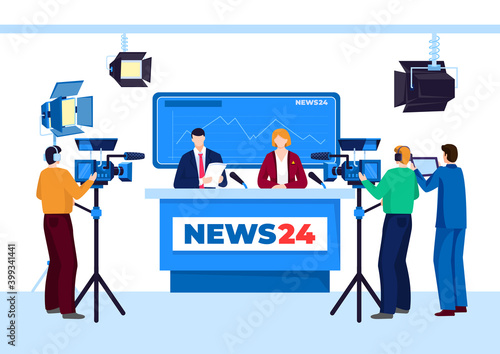 Tv news studio with television person, vector illustration. Man woman people work at cartoon broadcast media, video broadcasting. Flat journalist character in front camera, professional newscaster.