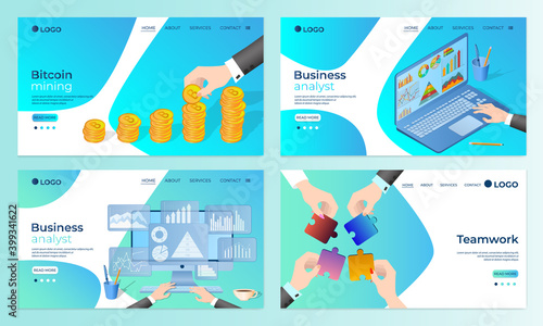 A set of landing page templates.Bitcoin mining, Business Analytics, Teamwork.Templates for use in mobile app development.Flat vector illustration.