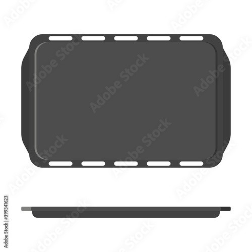 Black metal pan for cooking and baking in oven icon. Template design for recipe.