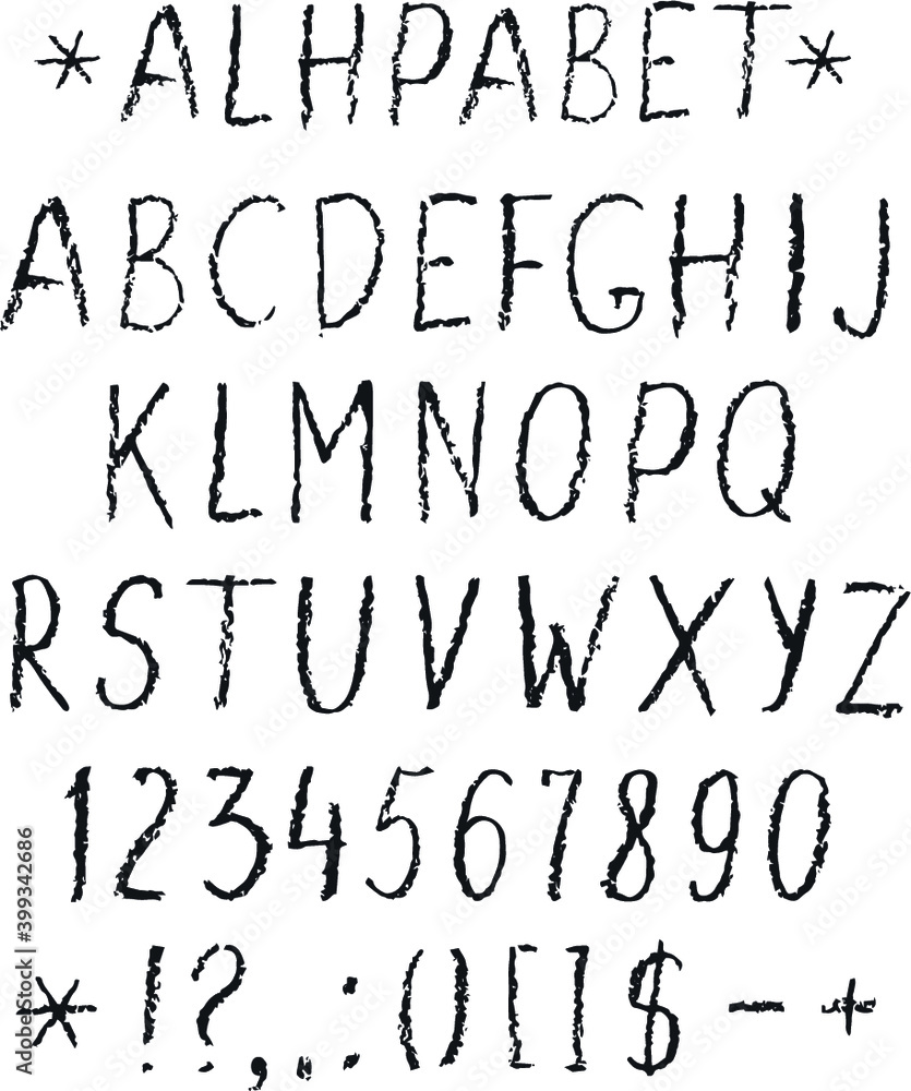 Chalk vector alphabet. Latin letters and numbers in chalk. English alphabet for menu design. Charcoal letters.