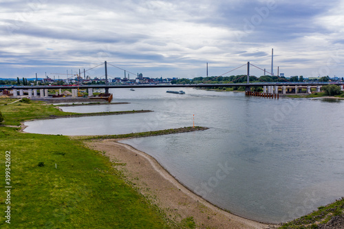 Panoramic view of the Rhine and the A1 motorway bridge near Leverkusen, Germany. Drone photography.