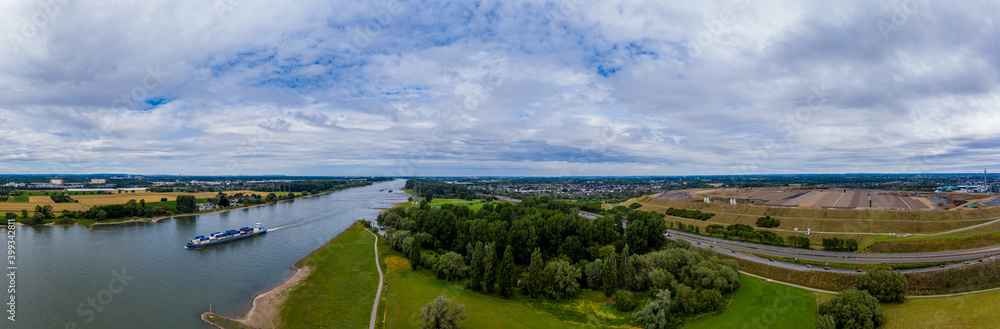 Panoramic view of the Rhine near Leverkusen, Germany. Drone photography. Panoramic view of the Rhine near Leverkusen, Germany. Drone photography.