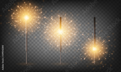 Christmas New Year bengal light set. Realistic golden sparkler lights isolated on transparent background. Festive bright fireworks. Fun decorations for celebrations and holidays, Vector illustration.