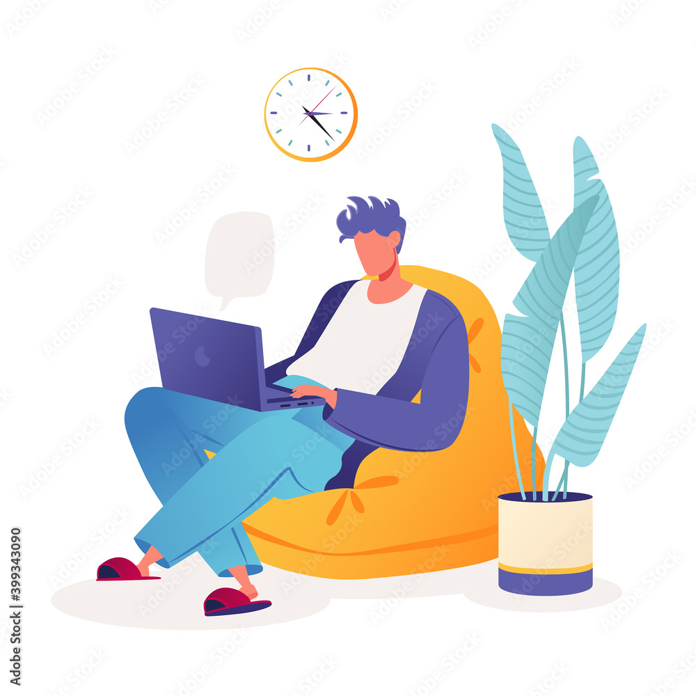 Young business man sits in beanbag chair, working on laptop. Programmer creative outsourcing employee freelancer in flat cartoon style works remotely from home using smart device, modern technologies. Young business man sits in beanbag chair, working on laptop. Programmer creative outsourcing employee freelancer in flat cartoon style works remotely from home using smart device, modern technologies.