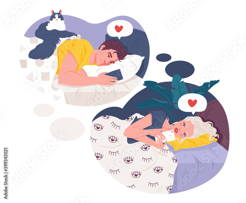 Bedtime conversations.Couple in love chatting in messenger, exchanging love messages before going to sleep. Distance relationships, online acquaintance. Guy and girl lie in their beds and talk nicely.