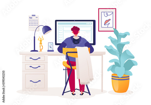 Young business man, programmer, creative outsourcing employee sitting on chair working at computer in cozy, stylish modern interior. Flat vector cartoon character freelancer working remotely at home. © MPetrovskaya